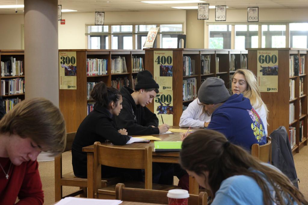Several juniors and seniors gather together in the library during their off periods to get some final studying time in and complete reviews during the “dead week”. Many students try to get work completed before the stress levels arouse as the semester comes to an end.