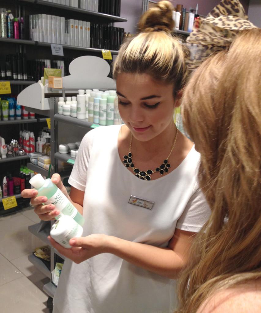 Senior Tess Reuter explains products from the Glo Therapeutics line during her shift at Beauty Spa and Salon where she works as a beauty consultant. The store’s location in Sunset Valley carries multiple solutions to under-eye dark circles and puffiness caused by sleep deprivation and stress.