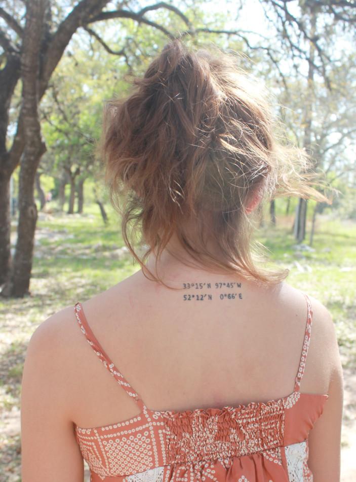  
attoos, coordinates of Austin, Texas and Cambridge, England. Duran got the tattoos to represent herself.
