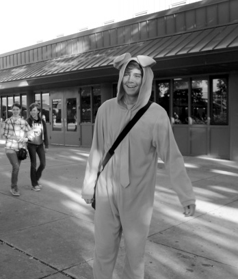 Freshman Kaedon Solana came to school dressed as a pink rabbit and was walking torward his friends to show his festive school spirit. The pink out day had teachers and students participating in the day.