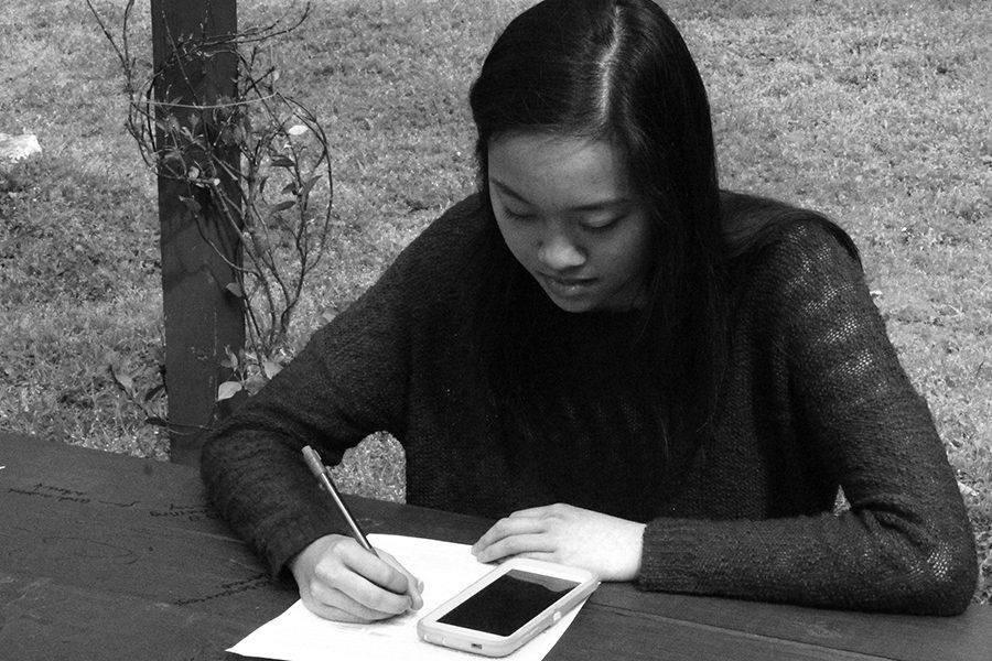 Sophomore Jennifer Hoang enjoys a nice day of studying outside.  Hoang has the top rank in her class, an achievement made possible by her rigourous study habits.