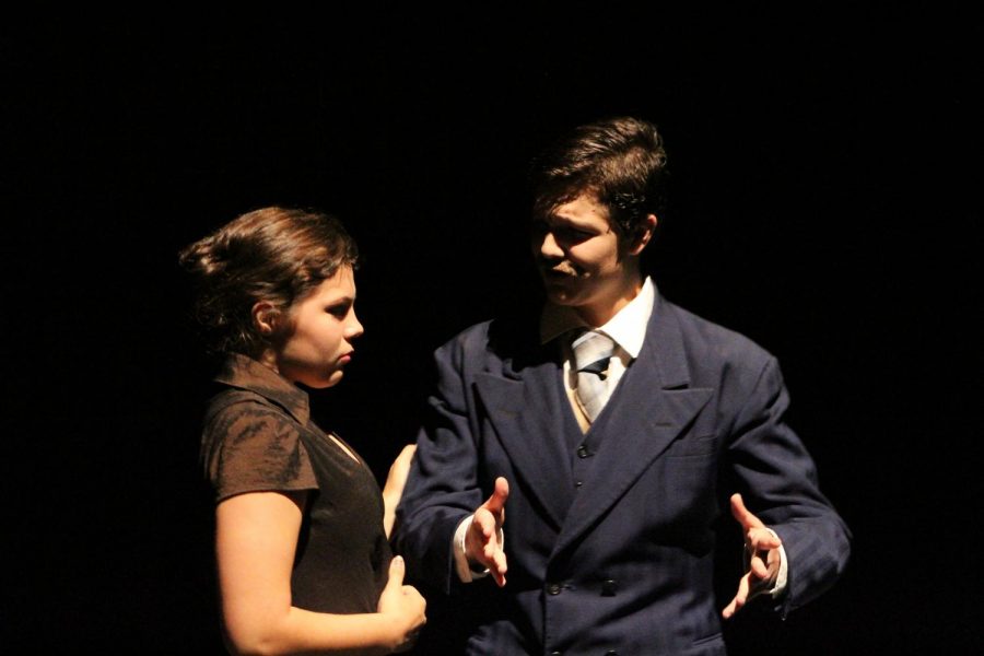 A piece of James Bowie High School Theater’s performance of 39 Steps, featuring Catarina Chevanne (left) and Ben Harmon (right).