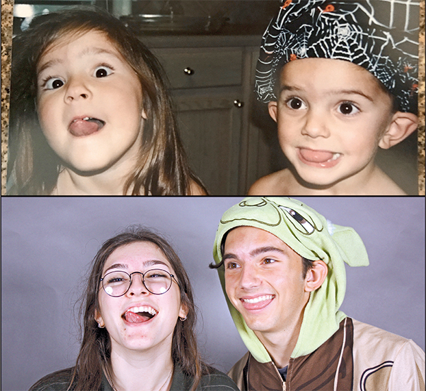 THROWING IT BACK: Together since birth Natalie and Julian Haddad prepare to go their separate ways in the coming year.  Julian and Natalie recreate one of their favorite photos from when they were younger.  PHOTO BY Top photo: courtesy of Haddad family. Bottom photo: Abby Ong