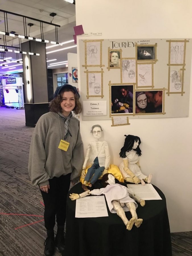 Senior Emma Thomas presents her portfolio on puppet designs and creations at the Texas Educational Theatre Association Designfest Competition, her amazing work resulted in her to place in one of the three of the top five winning positions. 

