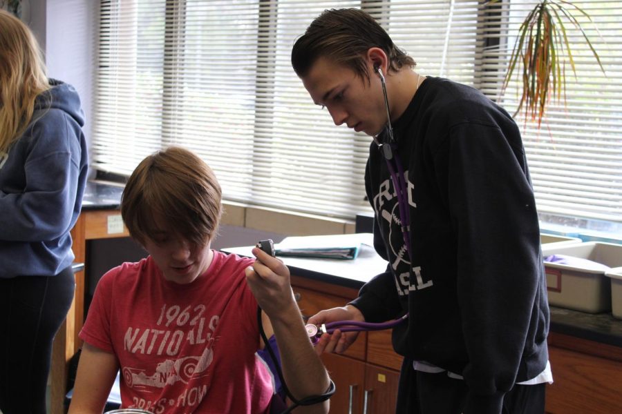 Feeling the Pressure: Junior Walker Smith takes junior Liam Kornacki blood pressure during a lab in AP Biology.