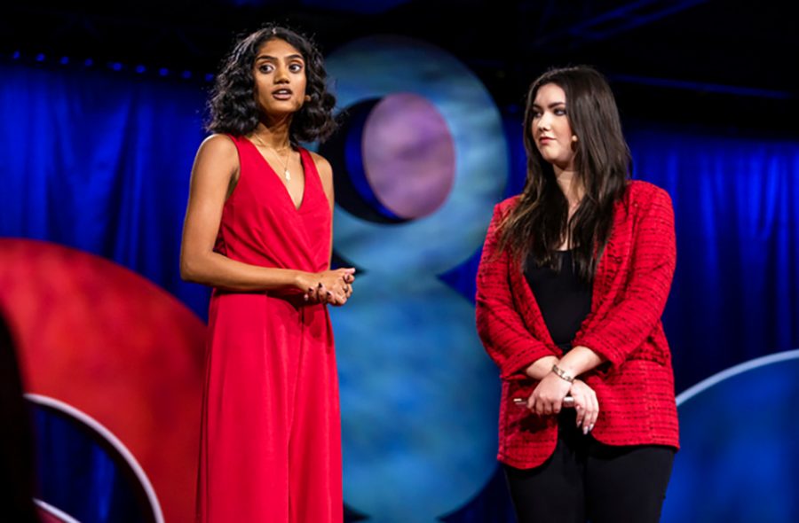 IN+THE+SPOTLIGHT%3A+Neha+Madhira%2C+left%2C+and+Haley+Stack+speak+at+a+TED+talk+on+the+importance+of+new+voices.+The+talk+was+apart+of+the+event+TEDWomen+in+2018%2C+which+highlighted+female+activists.+