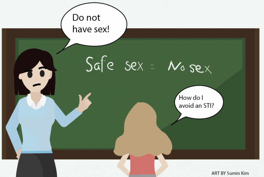Above is a depiction of a teacher giving a lesson on safe sex, but leaving out how to actually have safe sex.