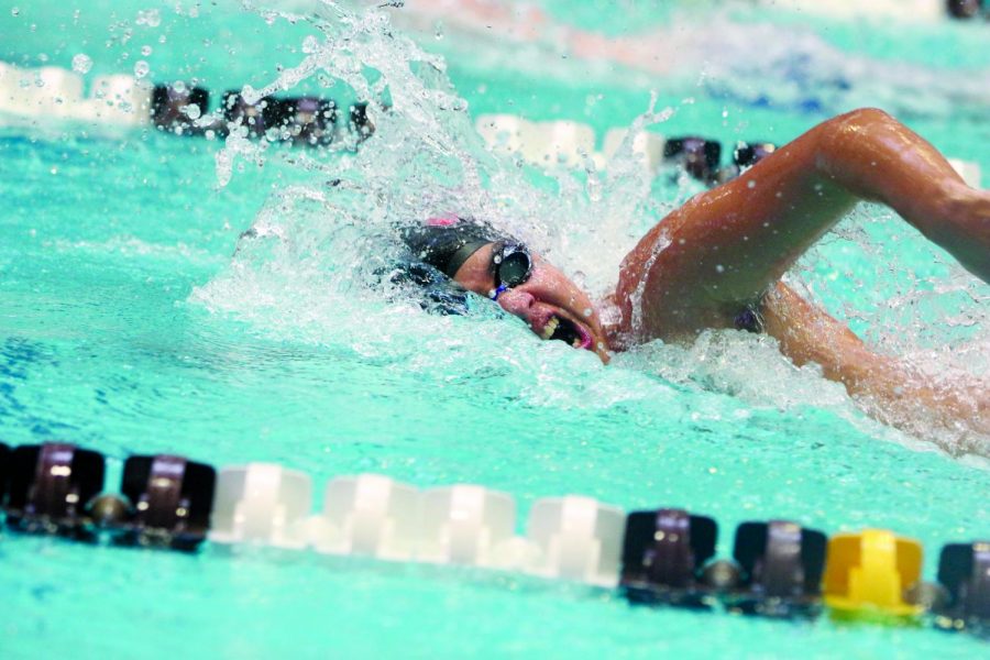 TAKING IT TO THE WALL: Gasping for air, junior William Noser sprints to the wall on his 50 yard freestyle. Noser clocked in at the end of the race with a 26.6 second time, placing fourth in his heat. “The 50 yard freestyle is one of my favorite events to swim because its super fast paced and it is just a full on sprint,” Noser said. “When you get to the wall and you’re looking up at the time board all of the hard work really pays off. I especially love swimming it at the Aggie Land meet because the pool is really nice.” 