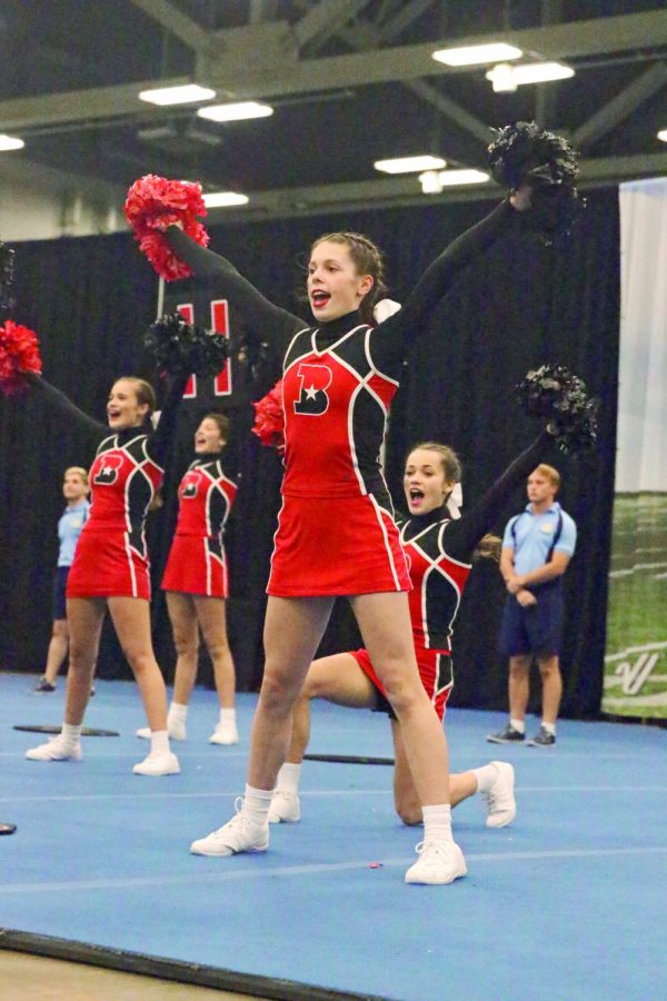 ATTACK THE CROWD: Madison Noe calls out a cheer and engages the crowd. The JV team placed 2nd in the UCA Fall Regional competition. 