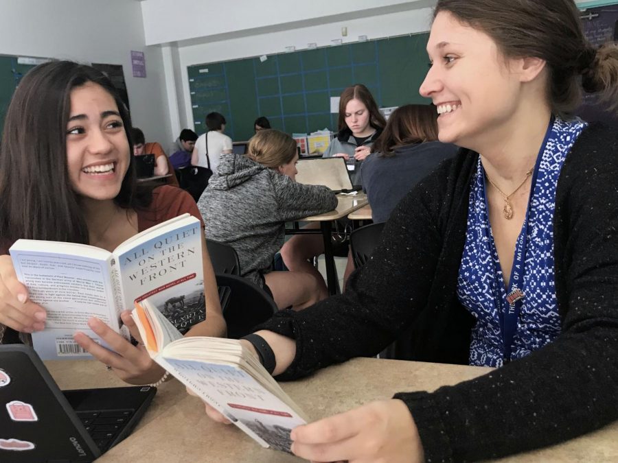 This school year, the Bowie community has invited new english teacher, Shewmake. She teaches, All Quiet on the Western Front, to student, Kailey King, in her sophomore class. 