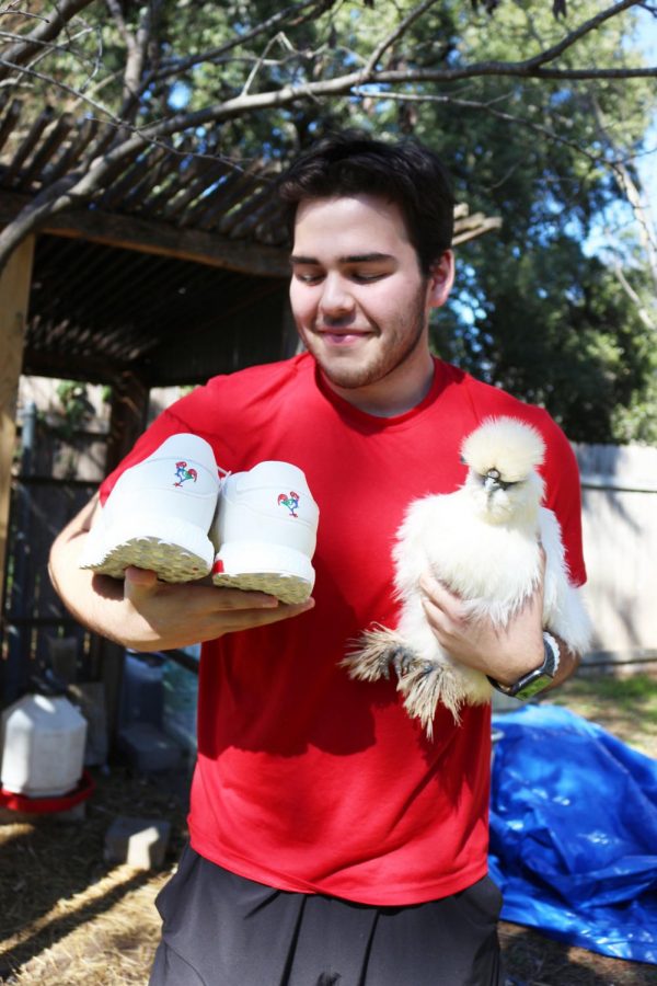 HANDS FULL: Blake Guerra poses with his hen and
his rooter pair of shoes to match with her. Guerra finds reselling shoes as a way for him to share his passion with others. 