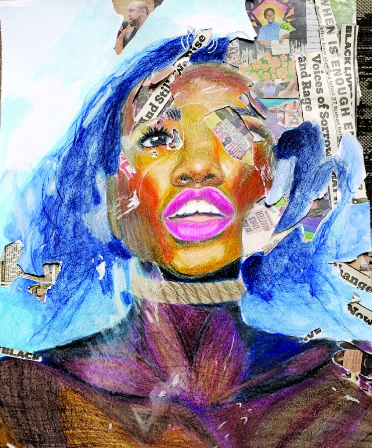 The portrait captures a girl staring into the sky, surrounded by calls for justice and change. As part of a portfolio themed on social justice, senior Kaylin York desired for her AP Studio Art piece to express the essence of the Black Lives Matter movement and the need for immediate action. 
