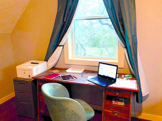 WORKING FROM HOME: Geometry teacher Katherine Rodriguez shows how she teaches from home with her work space setup complete with everything she needs for her students. Rodriguez has been using the same material and methods to teach this year, but has had to adjust to working from home. 