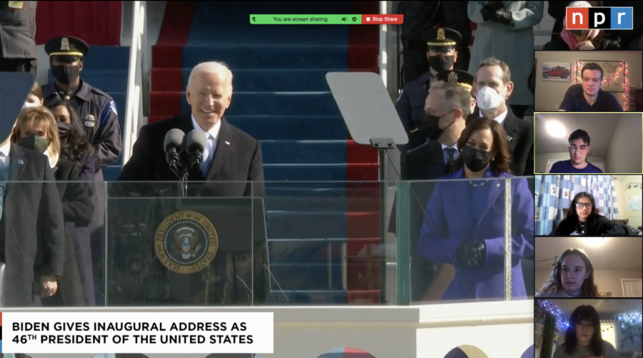 President Joe Biden gives his Inaugural Address at the front of U.S. Capitol. President Biden claimed that “democracy has prevailed,” in his speech. 
