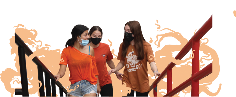 CONVERSATIONS SPARK: Senior Andie Garza, Keira Folkers, and Isabella Grahmann wear orange t-shirts to school. On Oct. 20, 2021, Bowie students and staff wore orange to show support in efforts against vaping. 