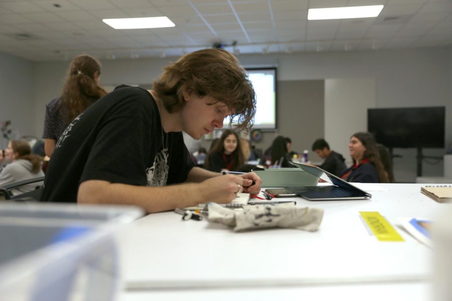 FOCUSED+ON+HIS+SKETCH%3A++Senior+Holden+Griffith+works+in+a+sketchbook+during+one+of+his+art+classes+at+Bowie.+Griffith+has+been+expanding+his+techniques+in+art+from+a+young+age%2C+and+recently+has+been+doing+commissions.+He+regularly+posts+his+artwork+on+his+Instagram+%40leoisaki.