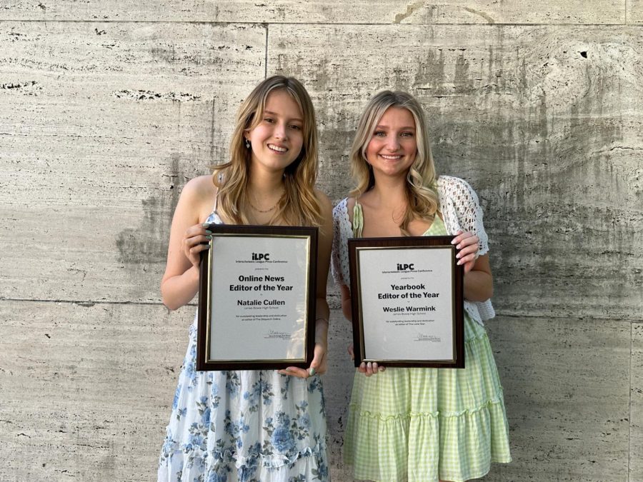 EDITORS+OF+THE+YEAR%3A+Seniors+Natalie+Cullen+and+Wes+Warmink+posing+with+their+UIL%2FILPC+awards.+Cullen+won+the+Online+Editor+of+the+Year+for+her+work+on+the+online+edition+of+The+Dispatch+and+Warmink+won+the+Yearbook+Editor+of+the+Year+award.