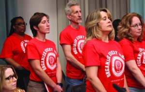 SPEAKING OUT: Leaders and members of the labor union, Education Austin, left many voicemails for the AISD school board to listen to at an emergency meeting that discussed the actions of TEA. Every time the board played a message that included a member of the union, Education Austin constituents stood for the duration of the playback.