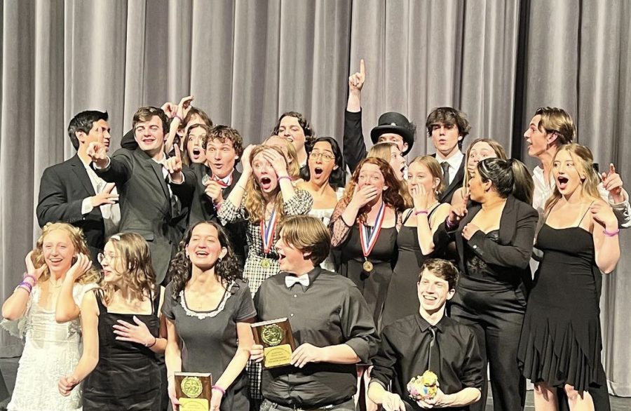 SURPRISED CELEBRATION: The Violet Sharp cast celebrates in shock after discovering they were awarded first place in the bi-district UIL competition. Directors wanted to surprise the group to get their raw reaction to the news.