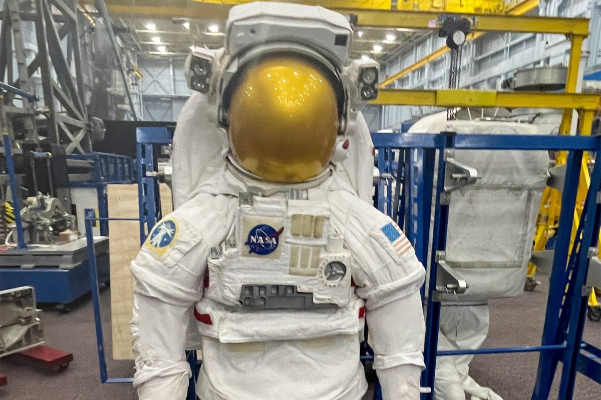 NASA%E2%80%99s+Eva+suit%2C+pictured+here%2C+is+used+for+spacewalks+and+extravehicular+activity+on+the+International+Space+Station.+The+Labels+on+each+suit+are+written+mirrored+so+that+astronuats+wearing+the+suits+are+able+to+read+them+with+the+use+of+a+small+mirror+tool+on+their+forearm.
