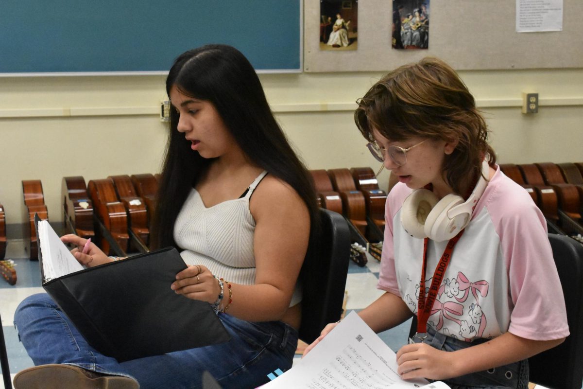 PRACTICE MAKES PERFECT: Students slowly learn to sing their show choir music. They harmonize with their groups during the firs rehearsals. 