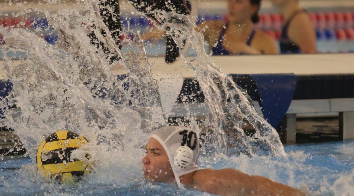 SWIMMING WITH PURPOSE: Speeding down the pool, junior water polo captain Jacob Geldart does his best to maintain focus on the ball with an open goal ahead. Geldart’s job as a sprinter is to swim as fast as he can to the ball at the beginning of the play and either pass it to one of his teammates to go set up a play, or take the ball down himself and score for his team. “I try to juggle the ball between my arms with each stride,” Geldart said. “Whenever I am swimming down all alone, scoring is the only thing on my mind. I’m kicking as fast as possible, trying to get down to the goal and pull through for me team. If they put their faith in me, the least I can do is score in these clutch moments.”