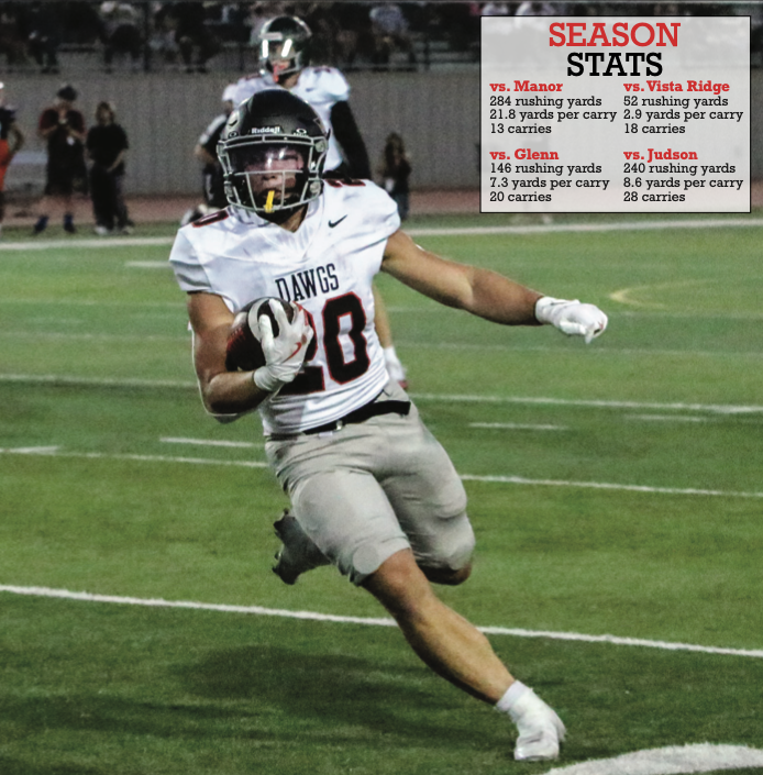 RUSHING FOR YARDS: Junior Rhys Moreno runs in for a rushing touchdown against Glenn High School. Moreno rushed for 146 yards and lead the team to a 38-14 victory. The Bulldogs now sit 3-1 heading into the regular season this week.