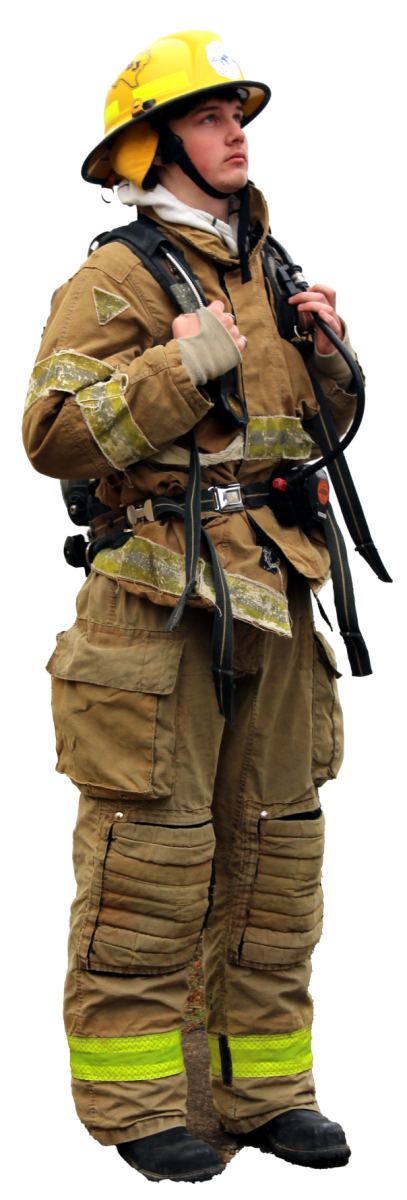 SUITED UP: Lucas Geleitsmann stands in full firefighting gear. He was drawn to the firefighting class to pursue an interesting career and help people.