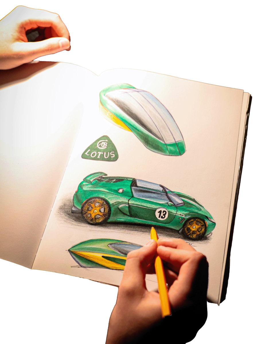 A CLOSER LOOK: Felix Moran draws a pencil mock-up of a Lotus automobile. Moran plans on pursuing a career in the transportation design industry.