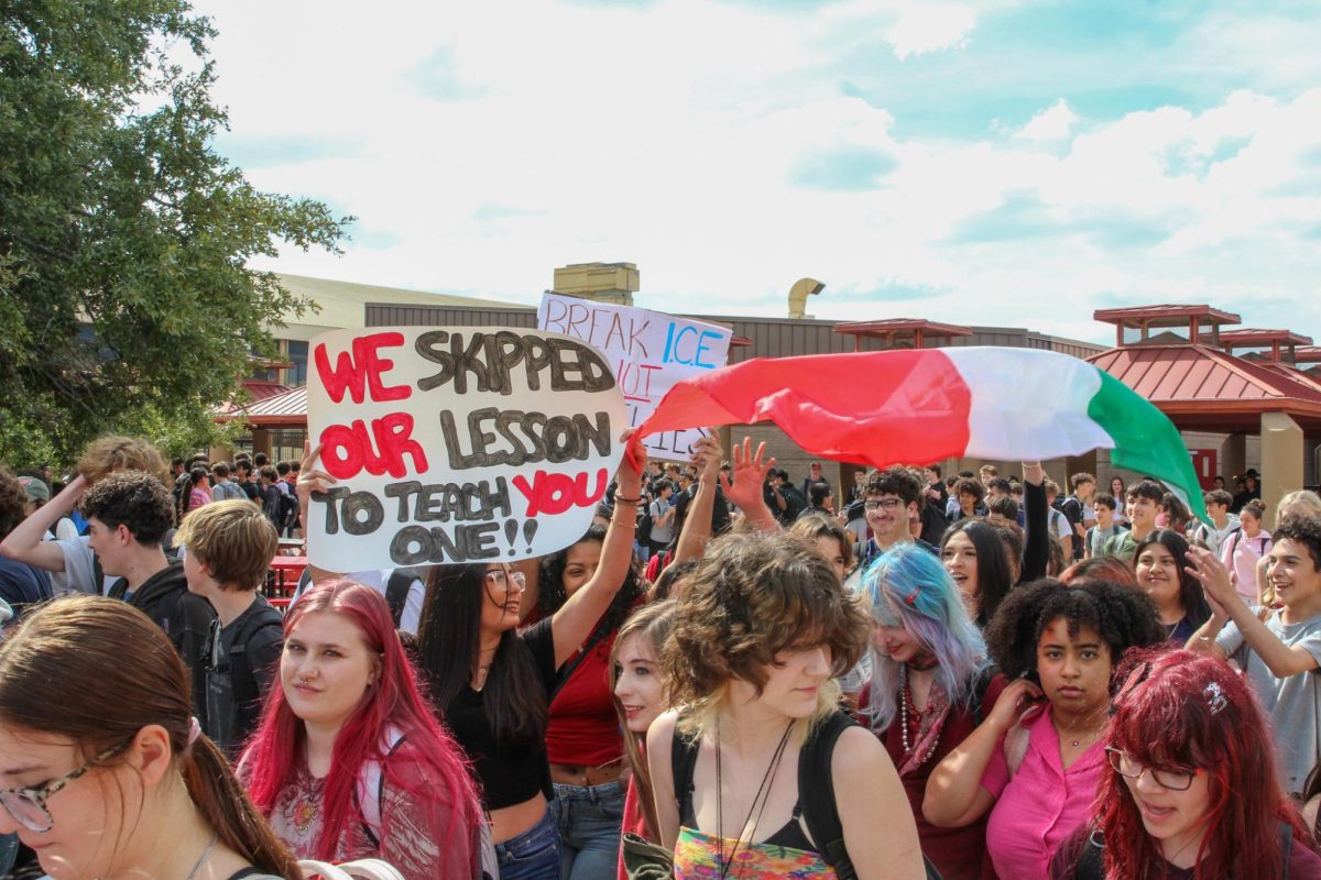 ICE PROTEST: Today, at 1:23 p.m., hundreds of students walked out in response to recent Immigration and Customs Enforcement (ICE) activities. Students met in the courtyard, then walked down to the intersection at Davis and Brodie. “Since Bowie is in a mostly privileged area and most students come from privileged homes, a majority of people feel removed from the situation going on, as they are in somewhat of a bubble,” senior Lyla Womack said. “I hope this walkout will bring light to the truth of the situation for students who haven’t seen coverage over this, and that the overall community understands how real and close to home these problems are.”