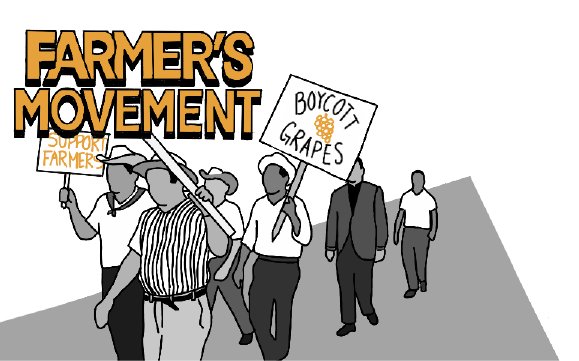 A drawing of farmers protesting in the 1950's. ART BY: Jenny Kimbrough