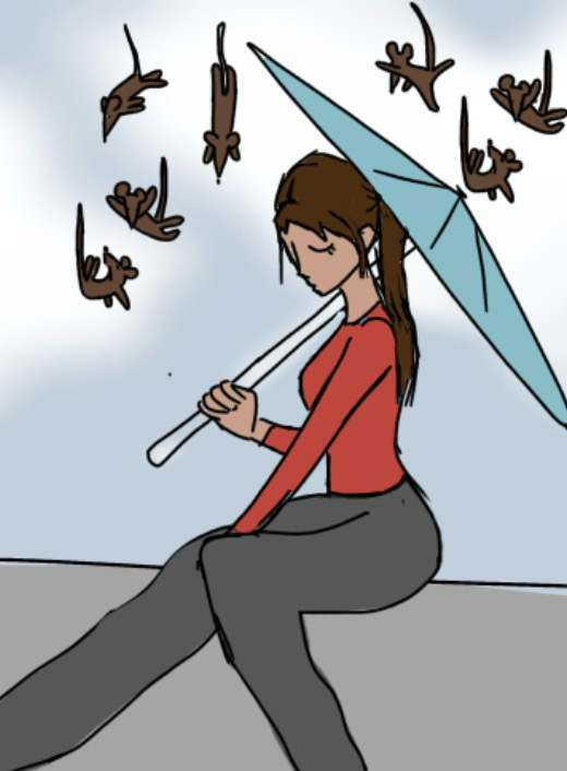 FALLING RATS: Student sitting with an umbrella to avoid rats falling from the sky.