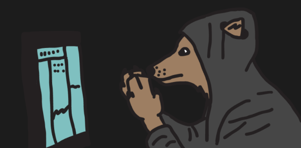 HACKERS: An illustration of a wolf in a hoodie hacks a computer. ART BY: Logan Cottle