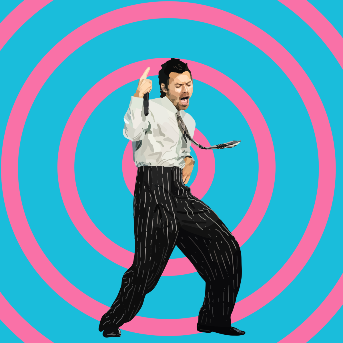 HARRY STYLES: An illustration showing Harry Styles dancing with colorful backround.