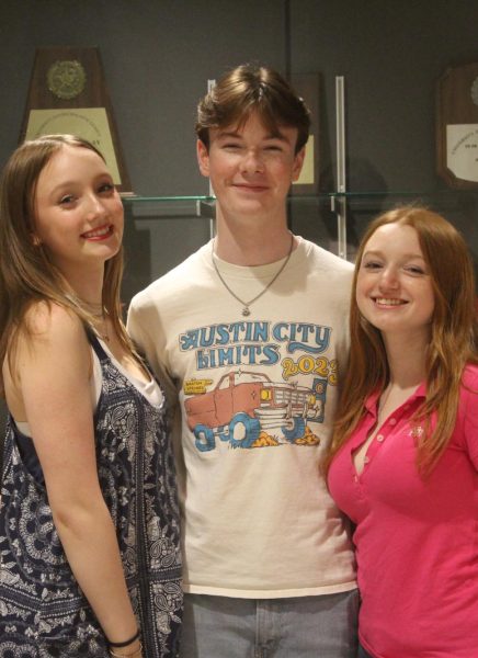 THE TALENTED TRIO: Mary Jensen, Preston Withrow, and Mila Maxon stand together for a photo to represent Bowie’s participation at the Heller Awards. The three students were selected to represent Bowie at the special awards even though the rest of the Bowie Theater department was not involved, meaning the three students chose to participate on their own time.