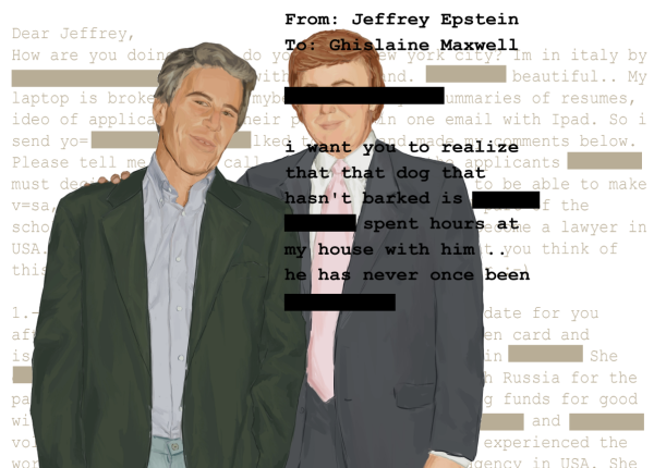 TRUMP WITH EPSTEIN: An illustration showing Trump with Epstein as well as pieces from the Epstein files in the background.
