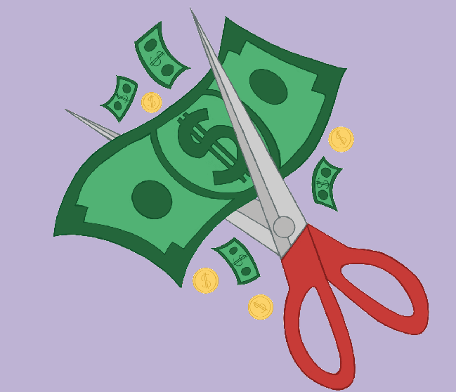 BUDGET CUTS: Art piece of scissors cutting money. ART BY: Eva Sweeney