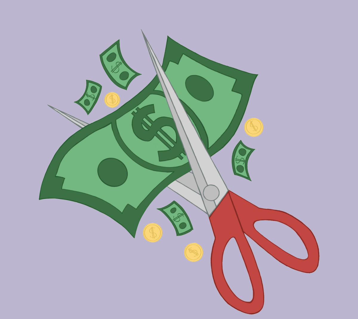 BUDGET CUTS: An illustration showing money being cut by scissors.